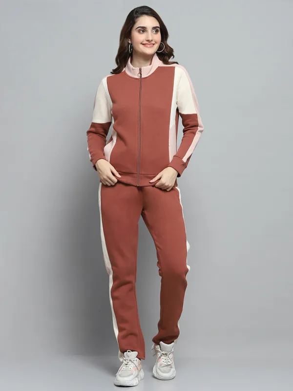 Women Rust Solid Mock Neck Full Sleeve Tracksuit sold by Monte Carlo