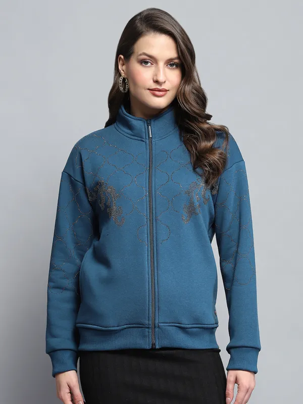 Women Teal Blue Printed Mock Neck Full Sleeve Sweatshirt sold by Monte Carlo