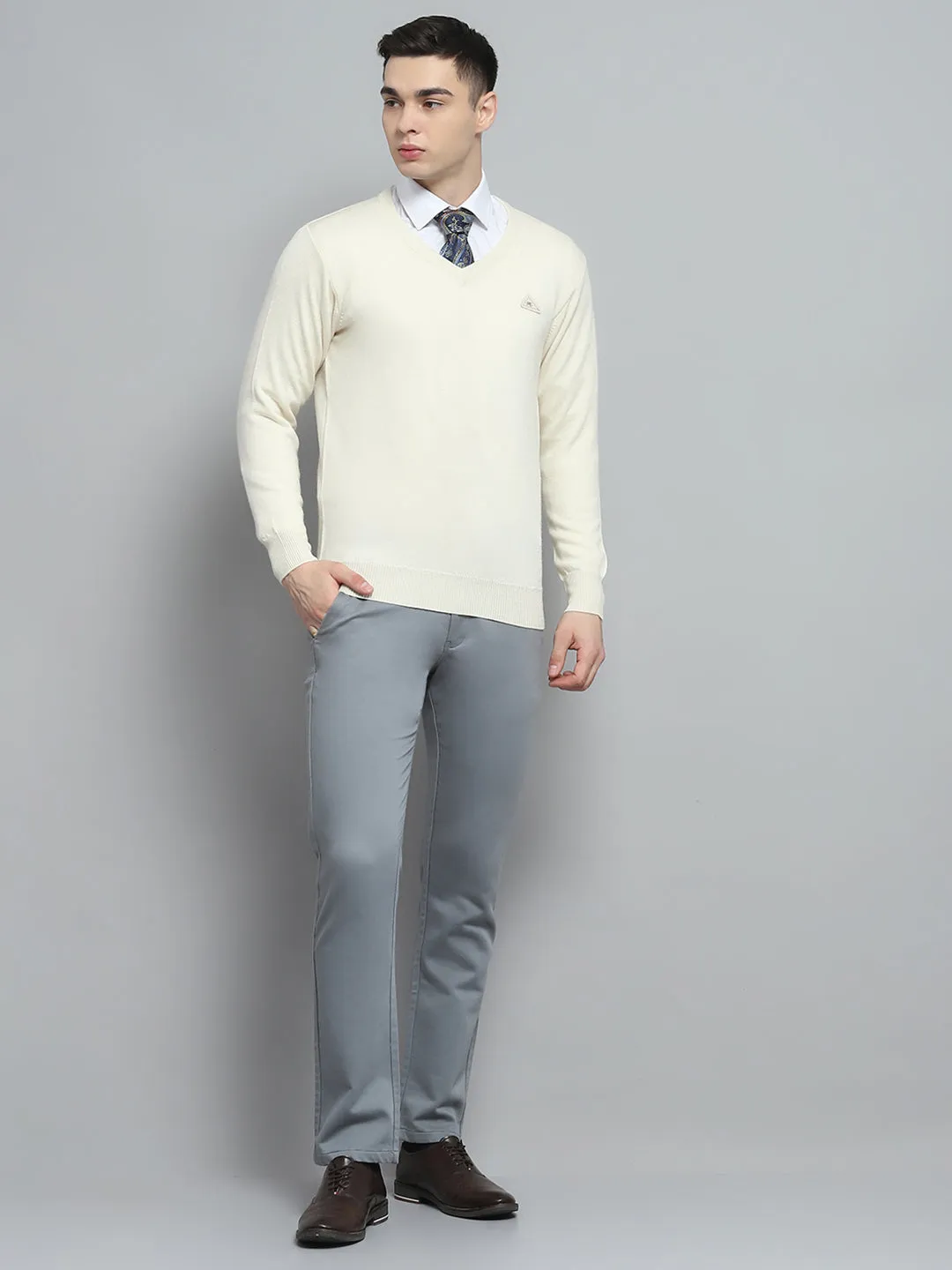 Men Cream Solid V Neck Full Sleeve Pullover sold by Monte Carlo product image thumbnail 2