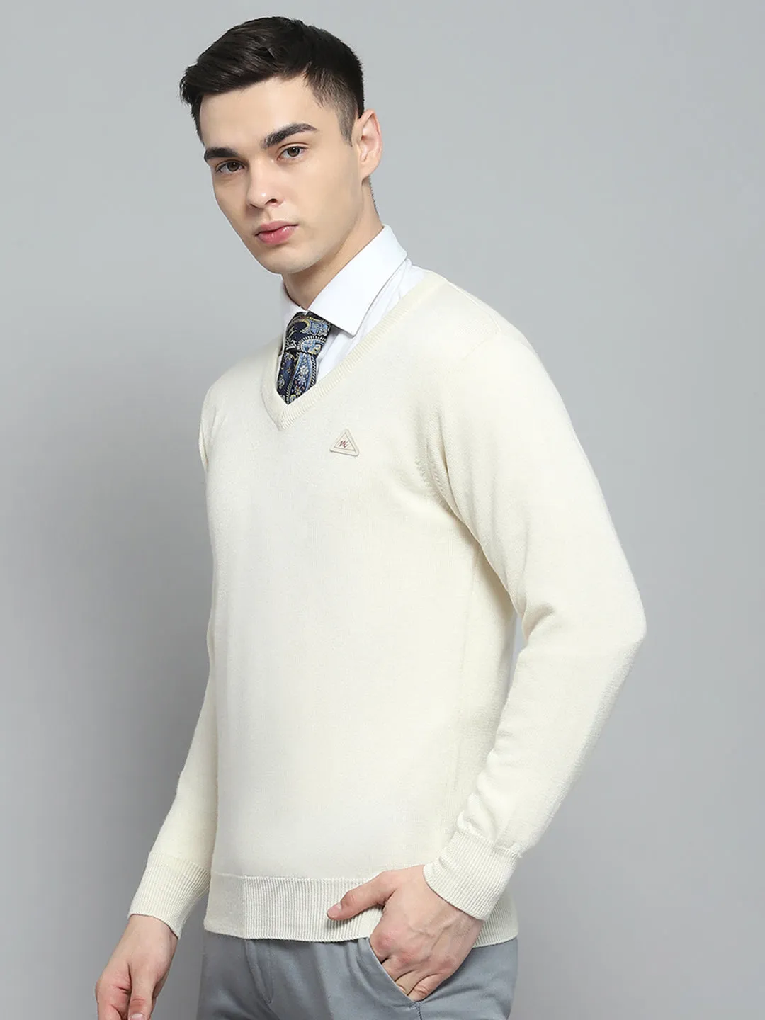 Men Cream Solid V Neck Full Sleeve Pullover sold by Monte Carlo product image thumbnail 3
