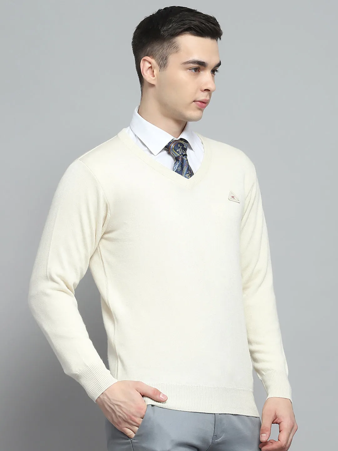 Men Cream Solid V Neck Full Sleeve Pullover sold by Monte Carlo product image thumbnail 4