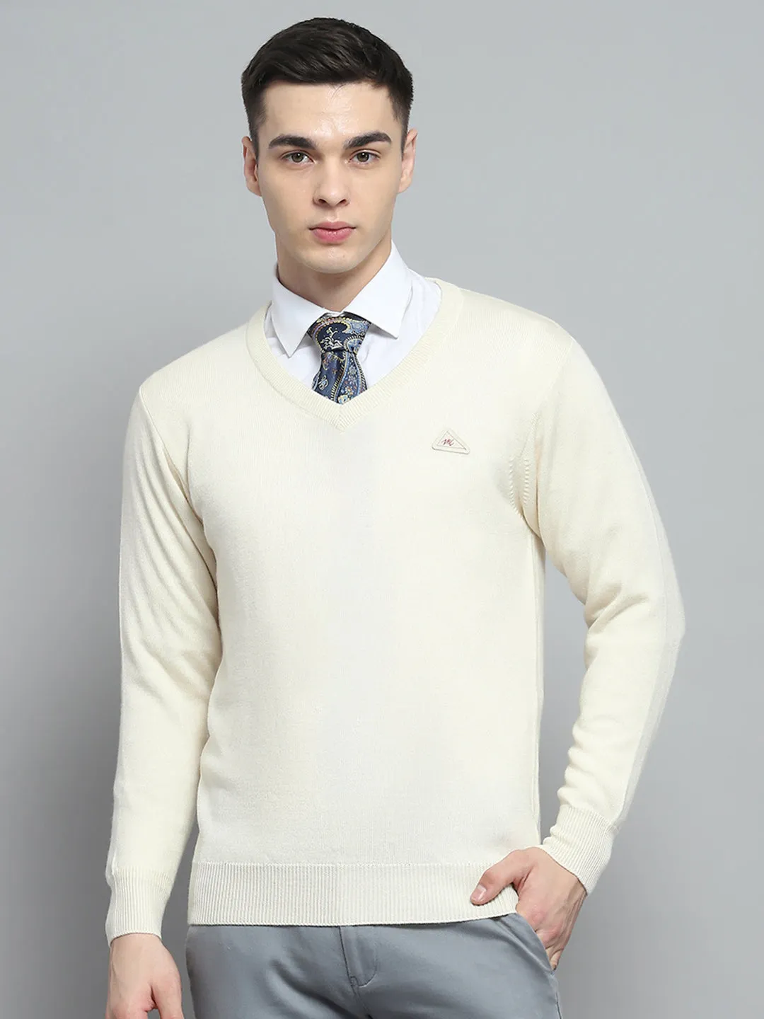Men Cream Solid V Neck Full Sleeve Pullover sold by Monte Carlo