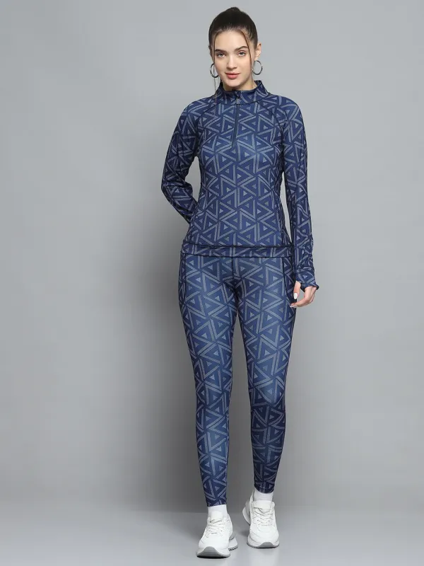Rock.it Women Navy Blue Printed Mock Neck Full Sleeve Tracksuit sold by Monte Carlo