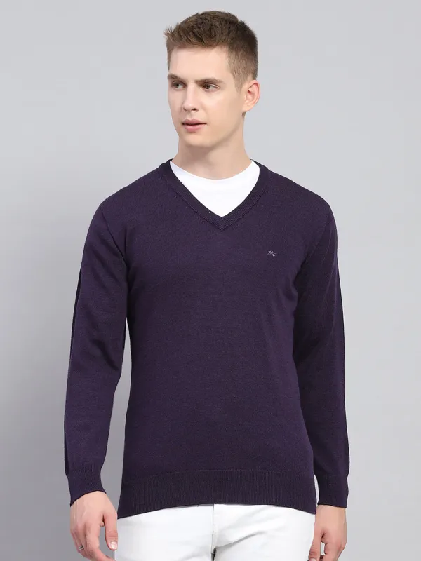 Men Purple Solid V Neck Full Sleeve Pullover made by Monte Carlo