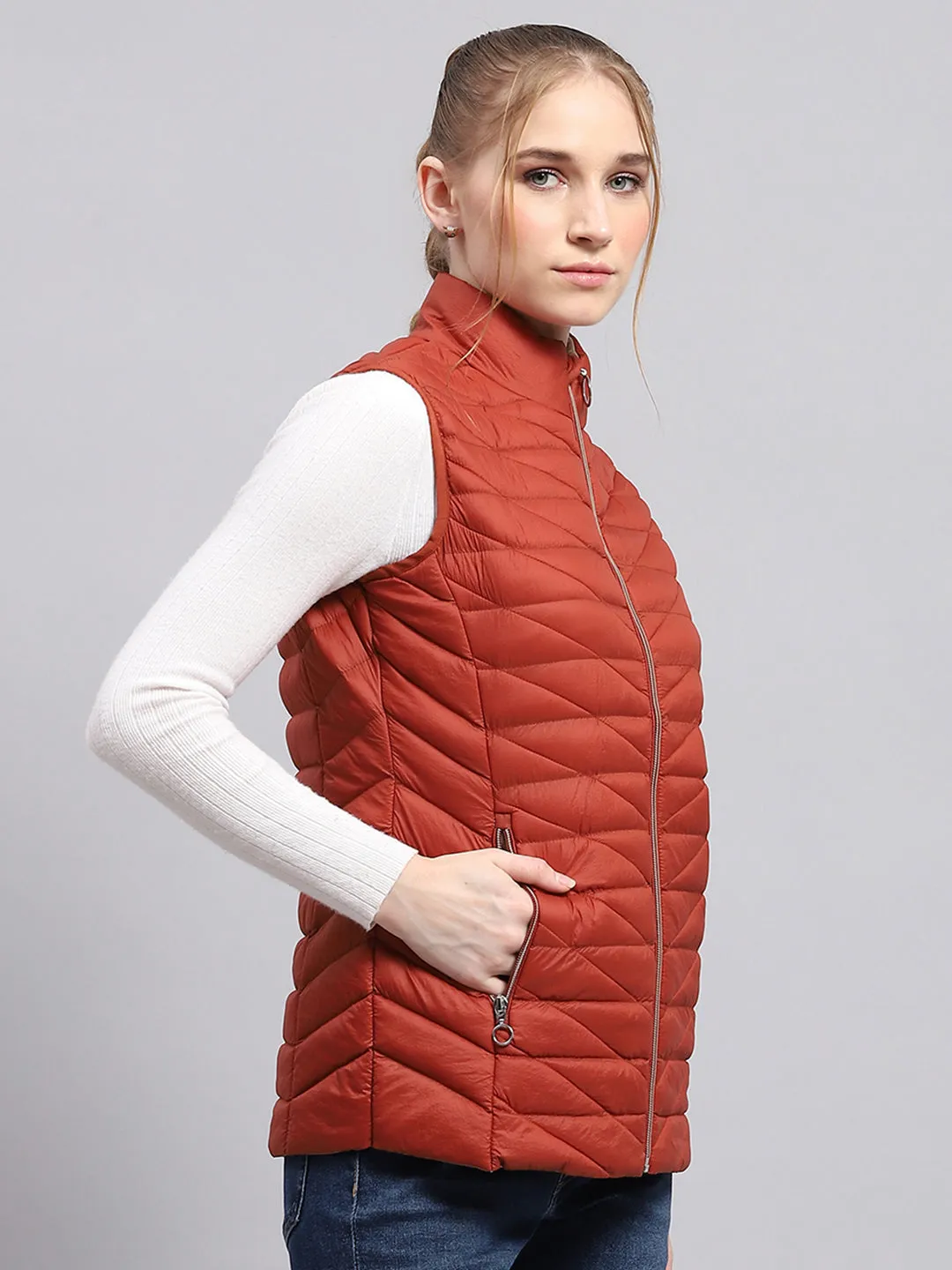 Women Rust Solid Mock Neck Sleeveless Jacket sold by Monte Carlo product image thumbnail 4