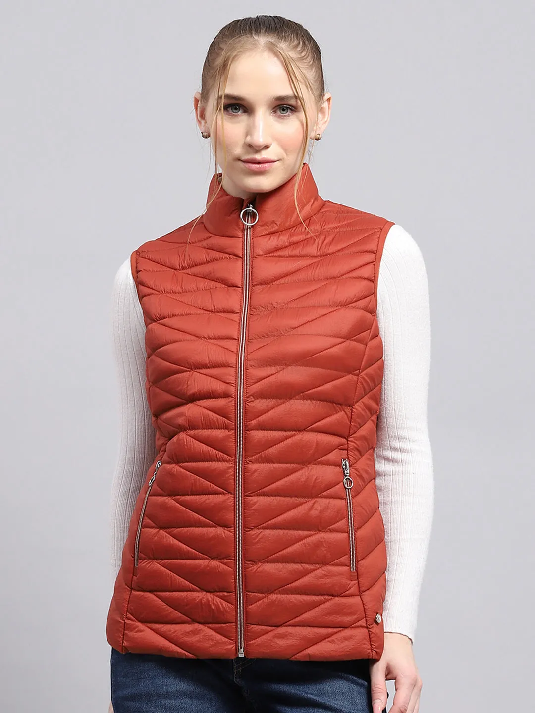 Women Rust Solid Mock Neck Sleeveless Jacket sold by Monte Carlo