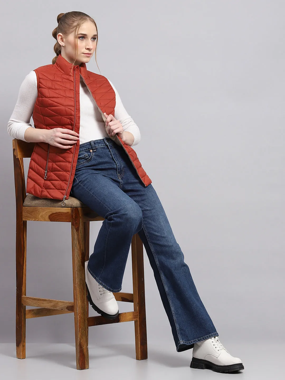 Women Rust Solid Mock Neck Sleeveless Jacket sold by Monte Carlo product image thumbnail 2