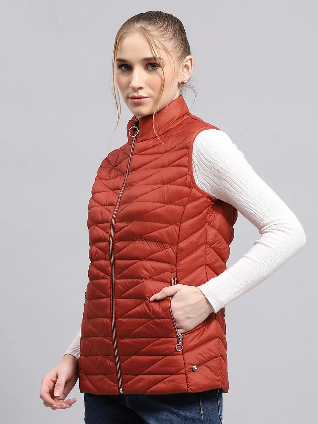 Women Rust Solid Mock Neck Sleeveless Jacket sold by Monte Carlo product image thumbnail 3