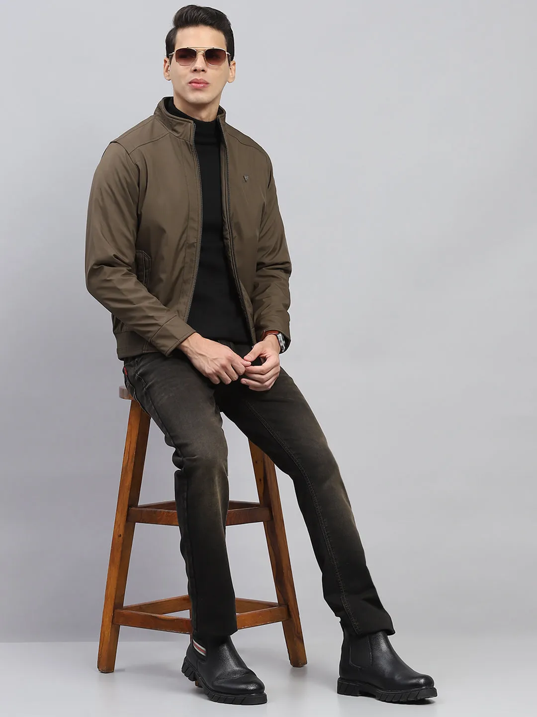 Men Olive Solid Mock Neck Full Sleeve Jacket sold by Monte Carlo product image thumbnail 2