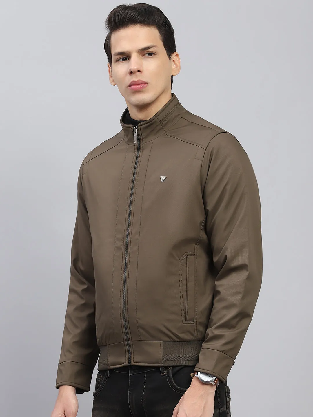 Men Olive Solid Mock Neck Full Sleeve Jacket sold by Monte Carlo product image thumbnail 3