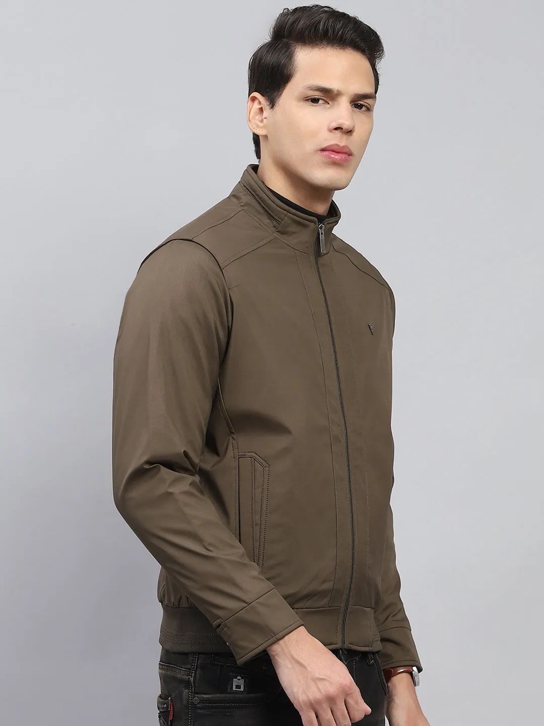 Men Olive Solid Mock Neck Full Sleeve Jacket sold by Monte Carlo product image thumbnail 4