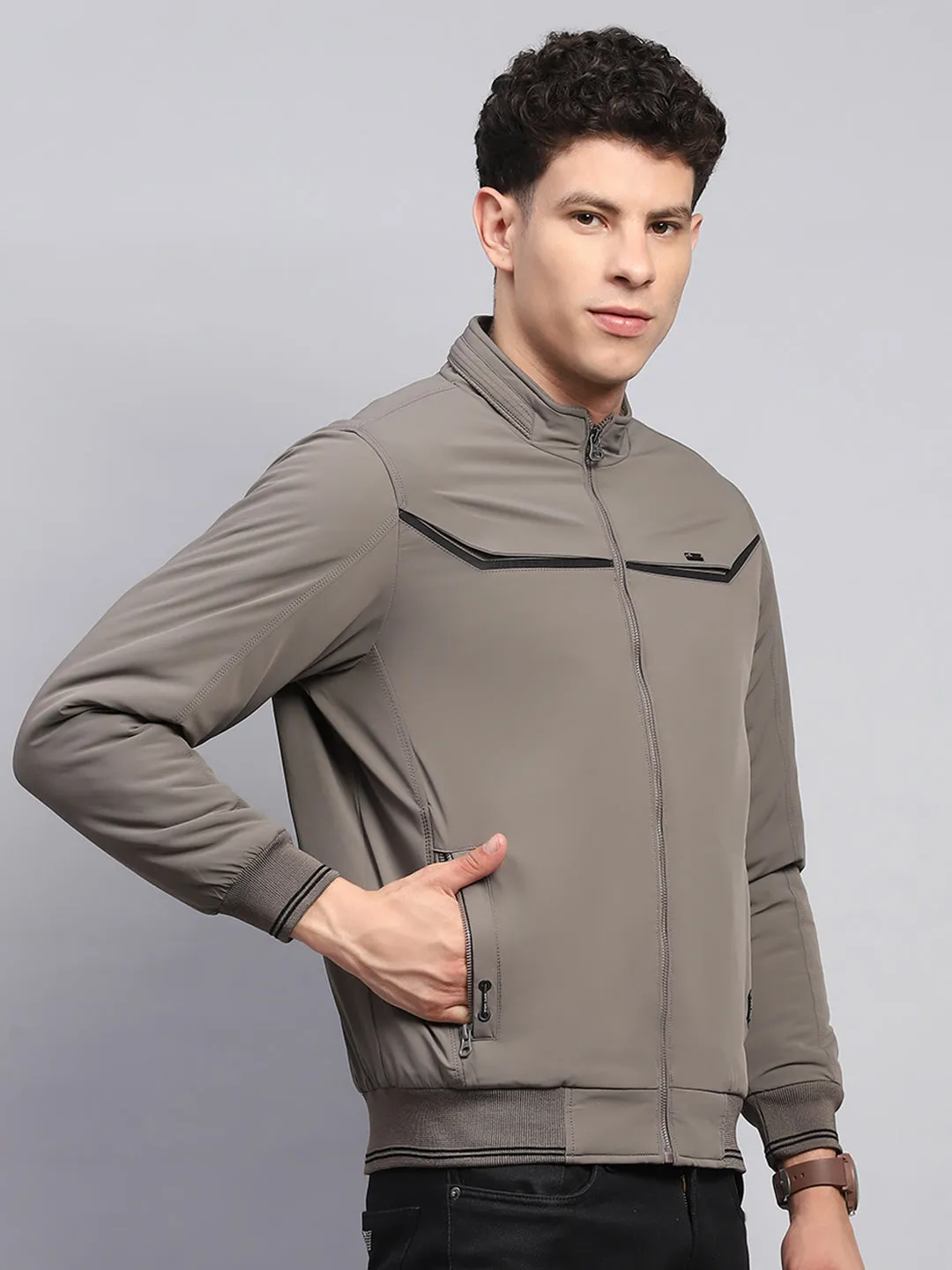 Men Grey Solid Mock Neck Full Sleeve Jacket sold by Monte Carlo product image thumbnail 4