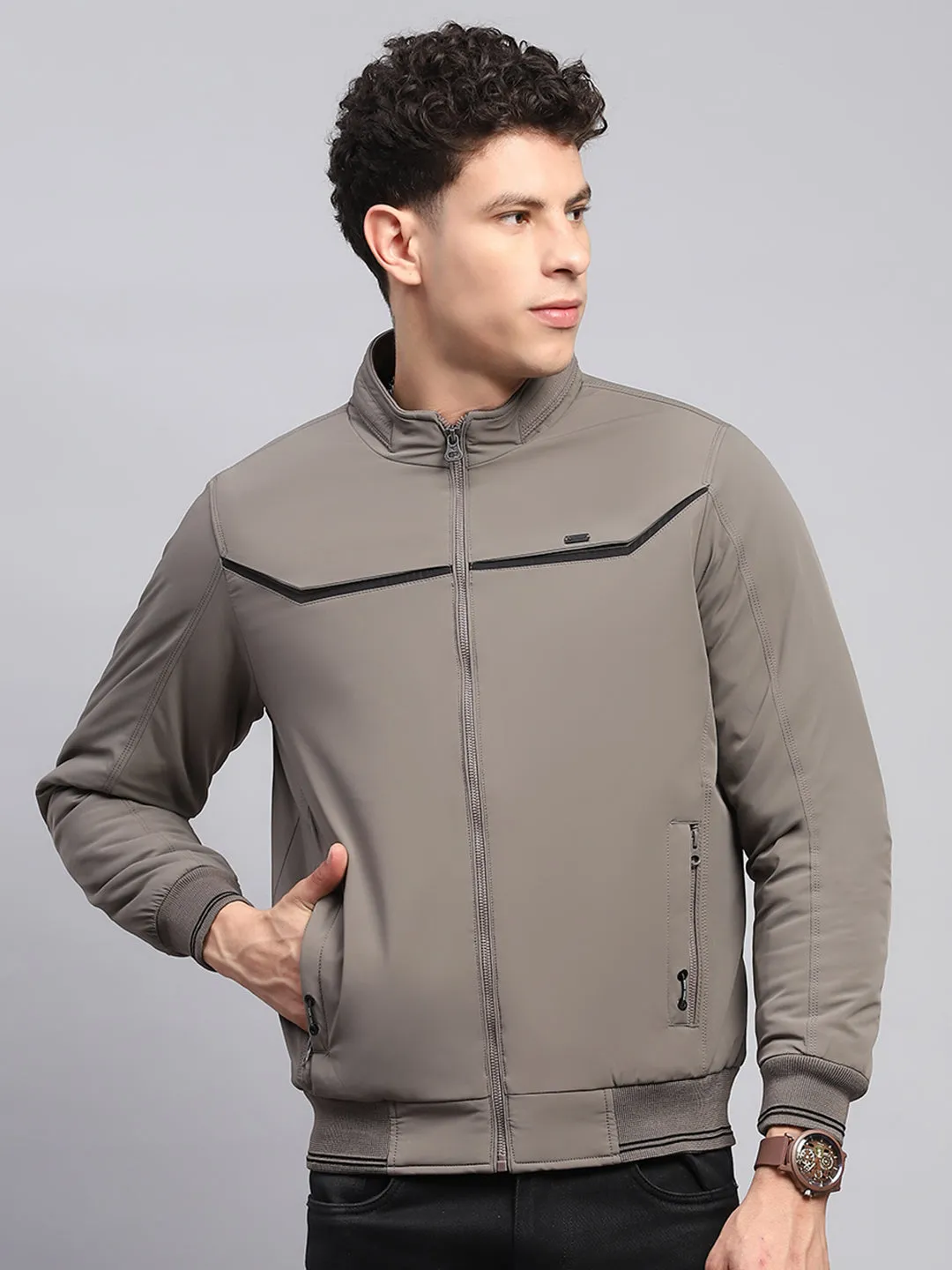 Men Grey Solid Mock Neck Full Sleeve Jacket sold by Monte Carlo