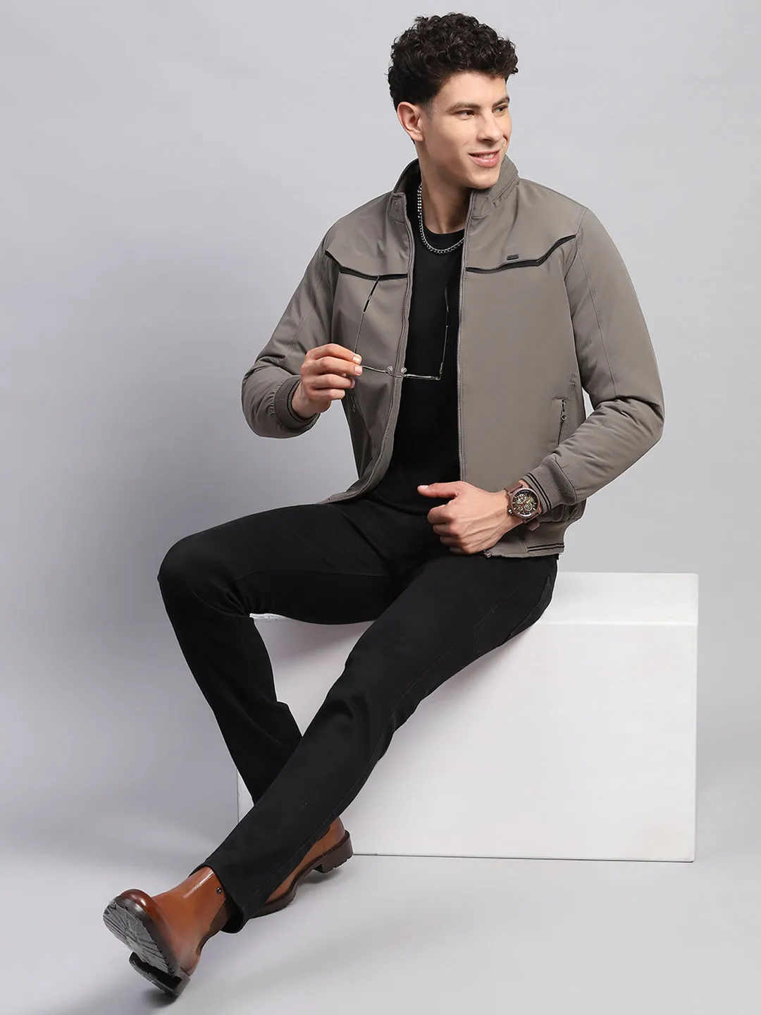 Men Grey Solid Mock Neck Full Sleeve Jacket sold by Monte Carlo product image thumbnail 2