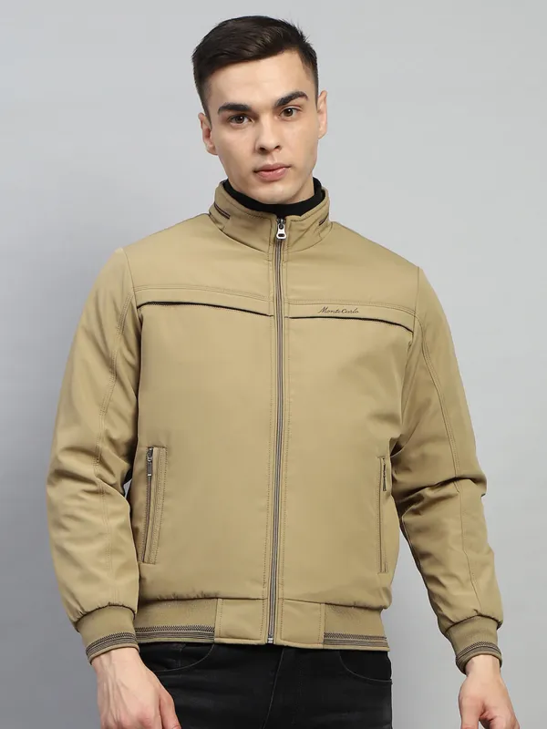 Men Beige Solid Mock Neck Full Sleeve Jacket sold by Monte Carlo