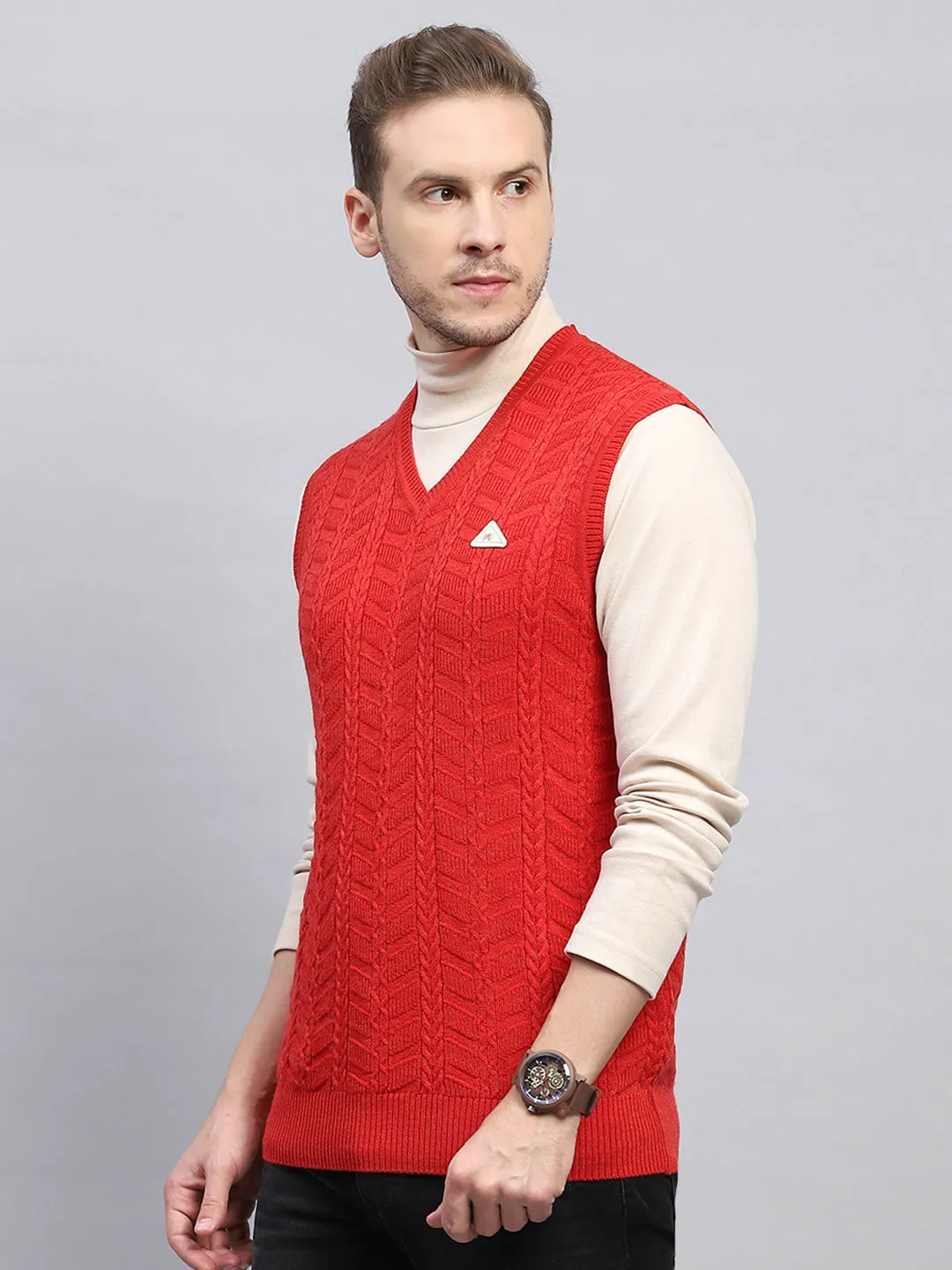 Men Red Self Design V Neck Sleeveless Sweater sold by Monte Carlo product image thumbnail 3