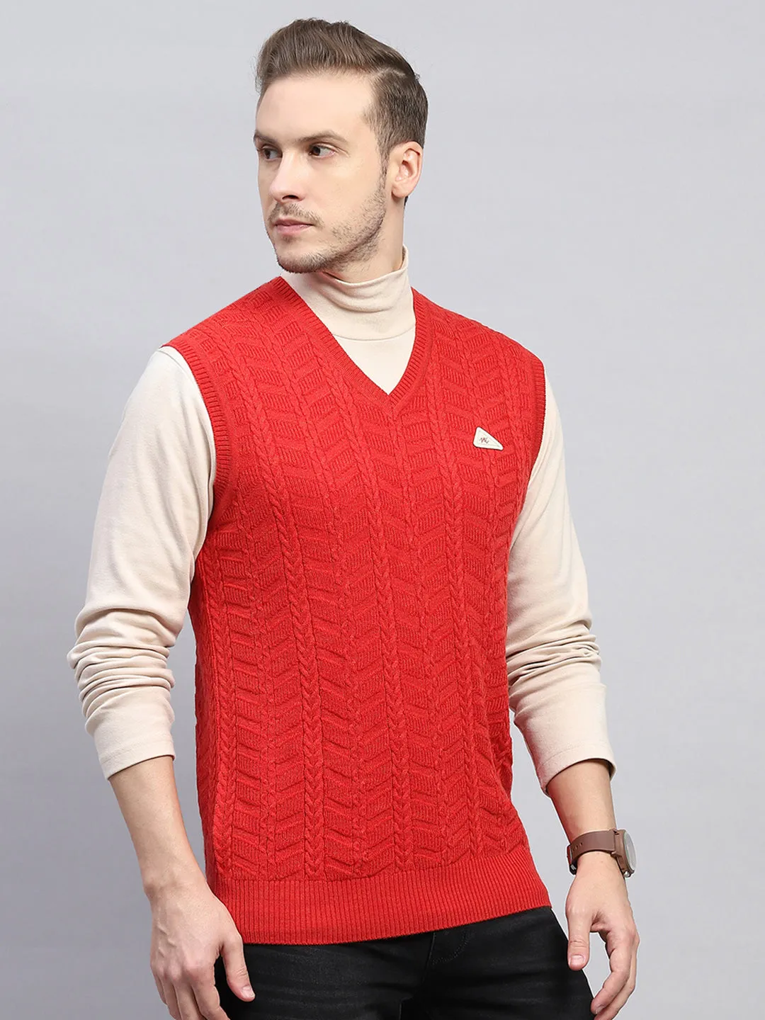 Men Red Self Design V Neck Sleeveless Sweater sold by Monte Carlo product image thumbnail 4