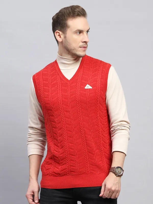 Men Red Self Design V Neck Sleeveless Sweater made by Monte Carlo