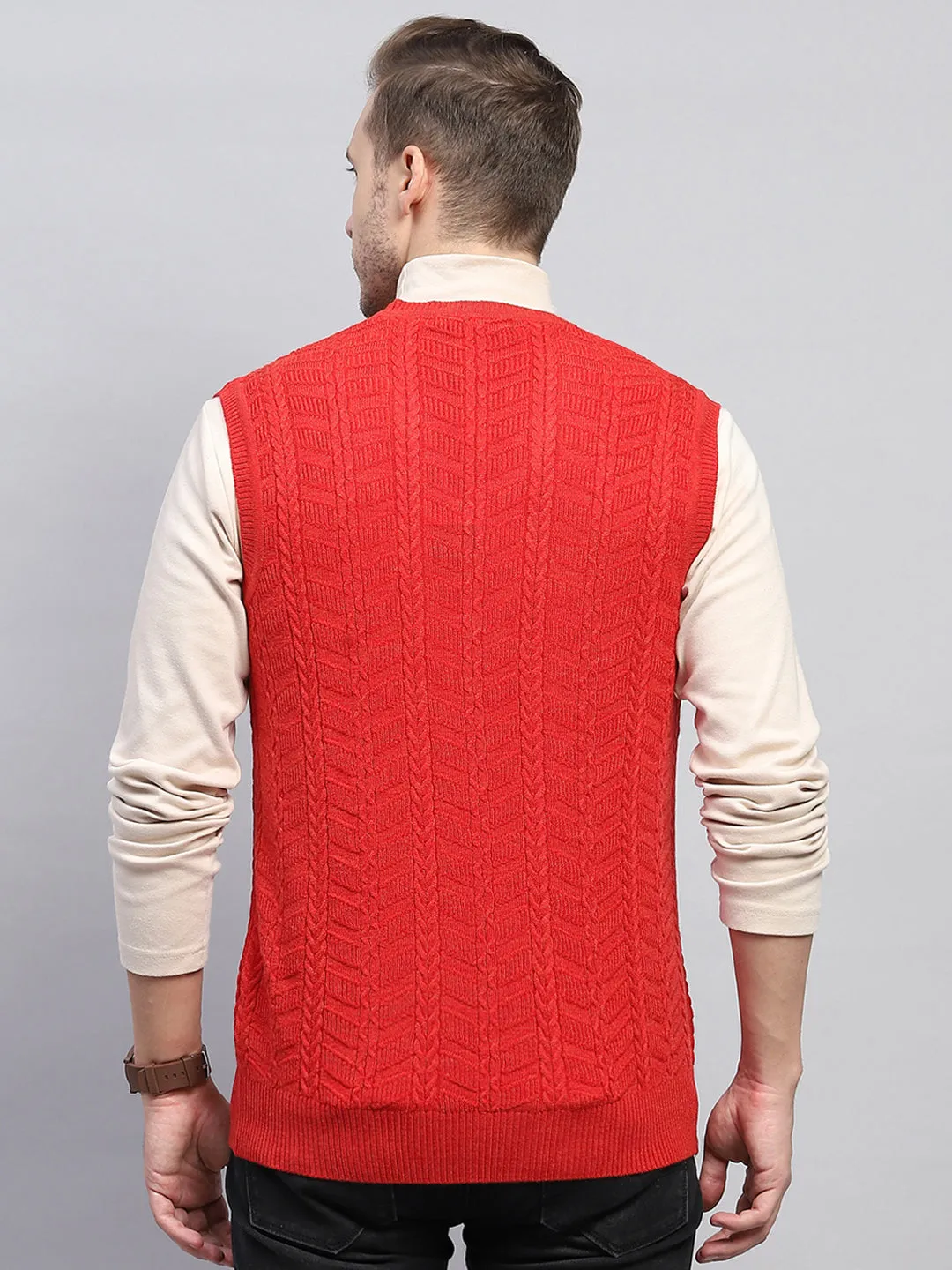 Men Red Self Design V Neck Sleeveless Sweater sold by Monte Carlo product image thumbnail 5