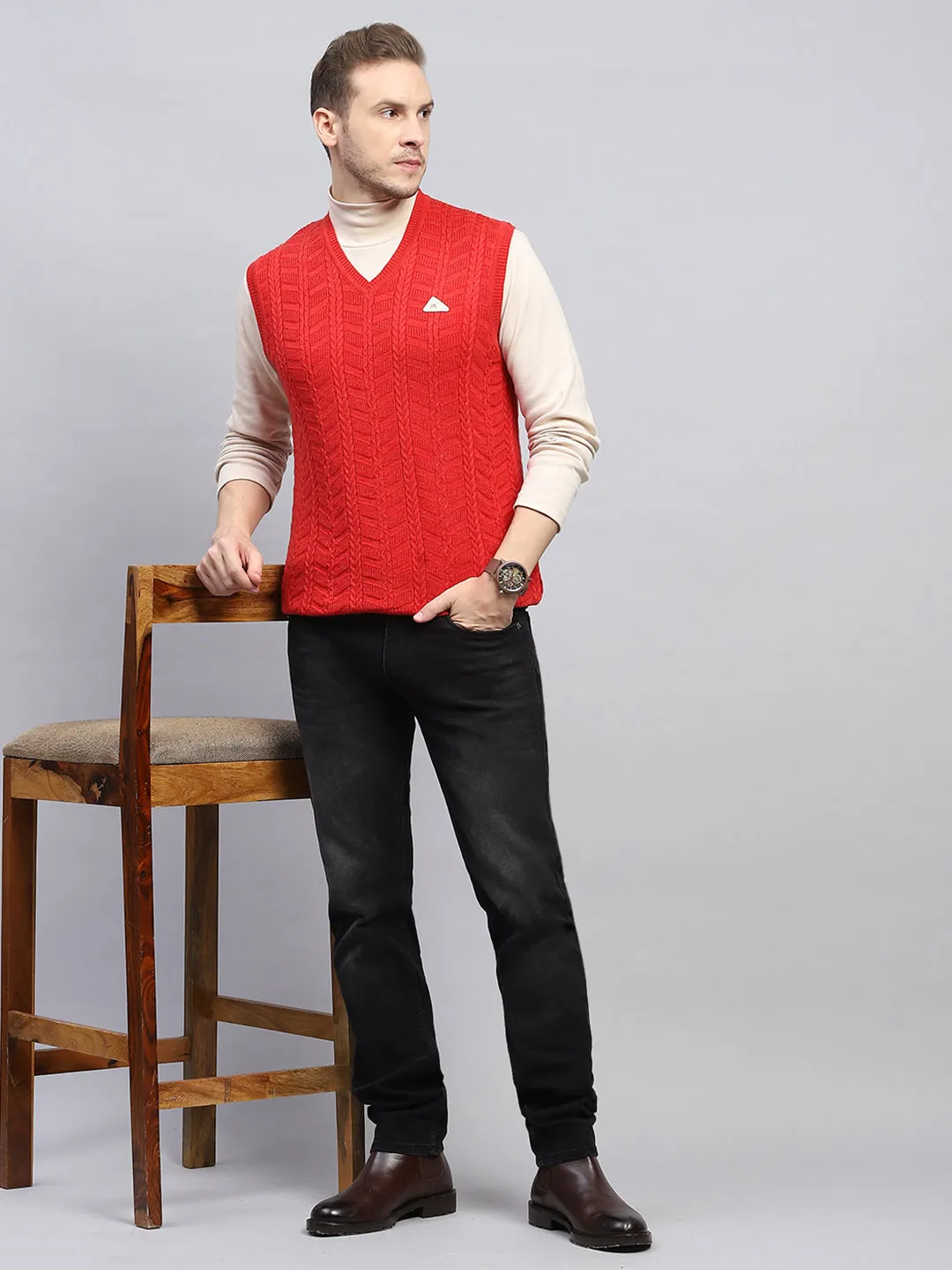Men Red Self Design V Neck Sleeveless Sweater sold by Monte Carlo product image thumbnail 2