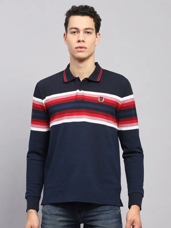Men Navy Blue Stripe Collar Full Sleeve Winter T-Shirt sold by Monte Carlo