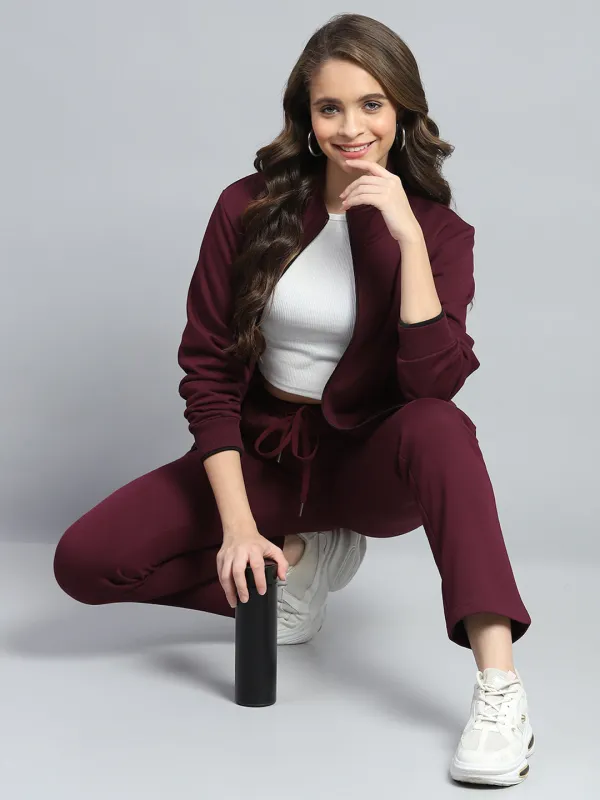 Women Maroon Solid Mock Neck Full Sleeve Winter Tracksuit sold by Monte Carlo