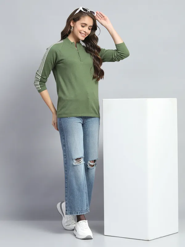 Women Green Solid Mock Neck Full Sleeve Pullover sold by Monte Carlo