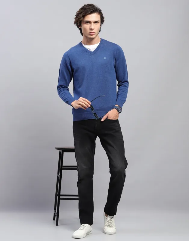 Men Blue Solid V Neck Full Sleeve Pullover made by Monte Carlo