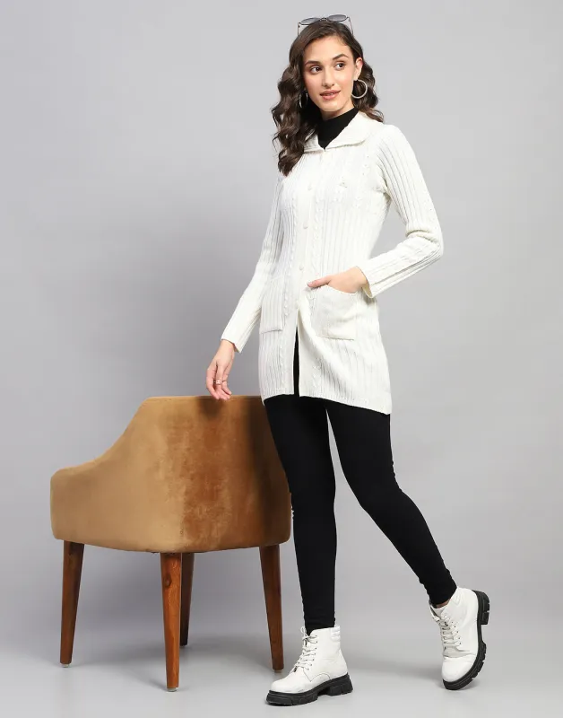Women White Self Design Collar Full Sleeve Cardigan sold by Monte Carlo