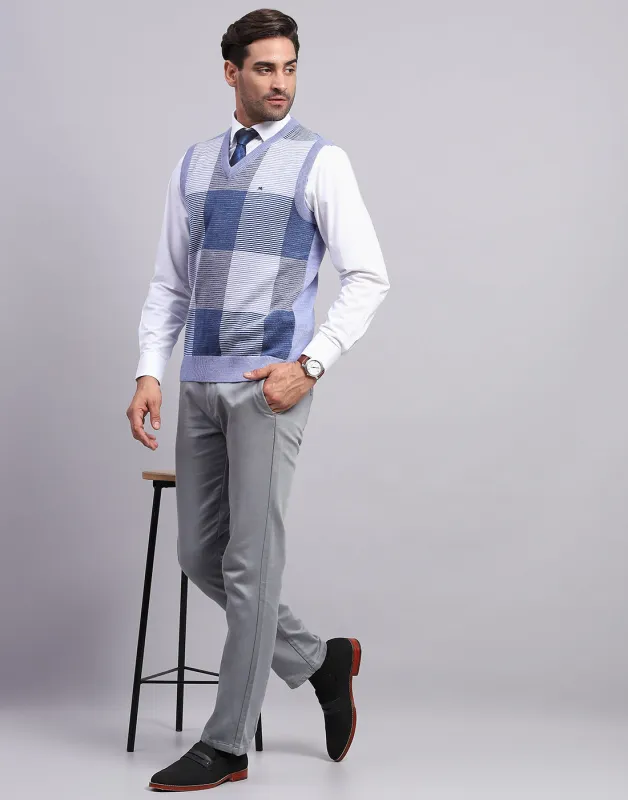 Men Blue Self Design V Neck Sleeveless Sweater made by Monte Carlo