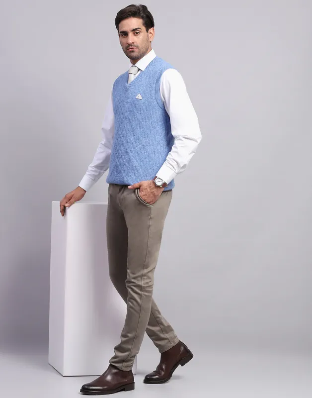 Men Blue Self Design V Neck Sleeveless Sweater made by Monte Carlo