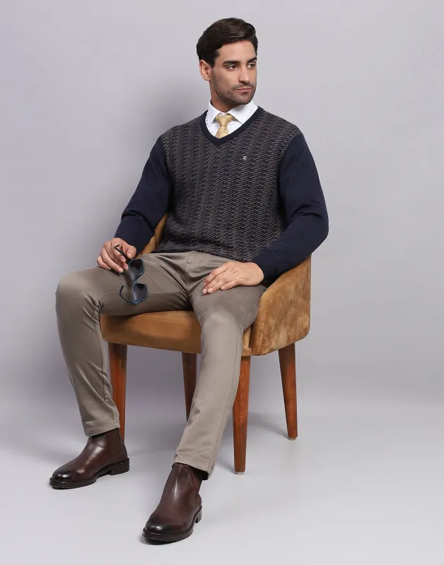 Men Navy Blue Self Design V Neck Full Sleeve Pullover made by Monte Carlo