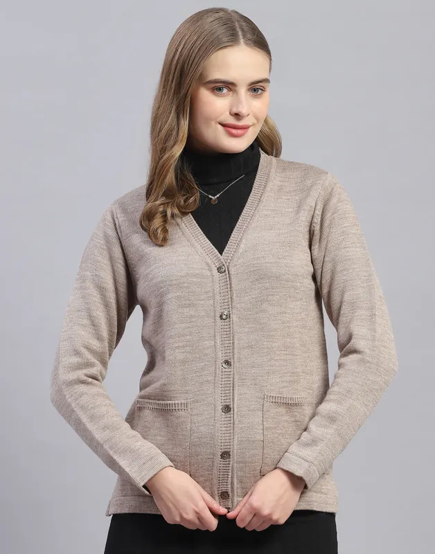 Women Brown Solid V Neck Full Sleeve Cardigan sold by Monte Carlo
