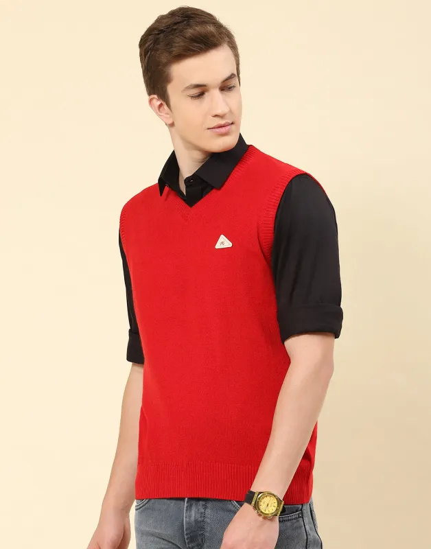 Men Red Solid V Neck Sleeveless Sweater made by Monte Carlo