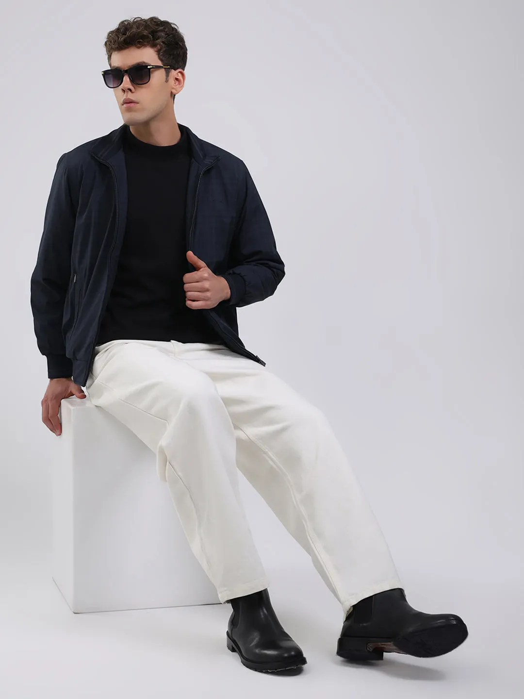 Men Navy Blue Solid Stand Collar Full Sleeve Jacket sold by Monte Carlo product image thumbnail 2