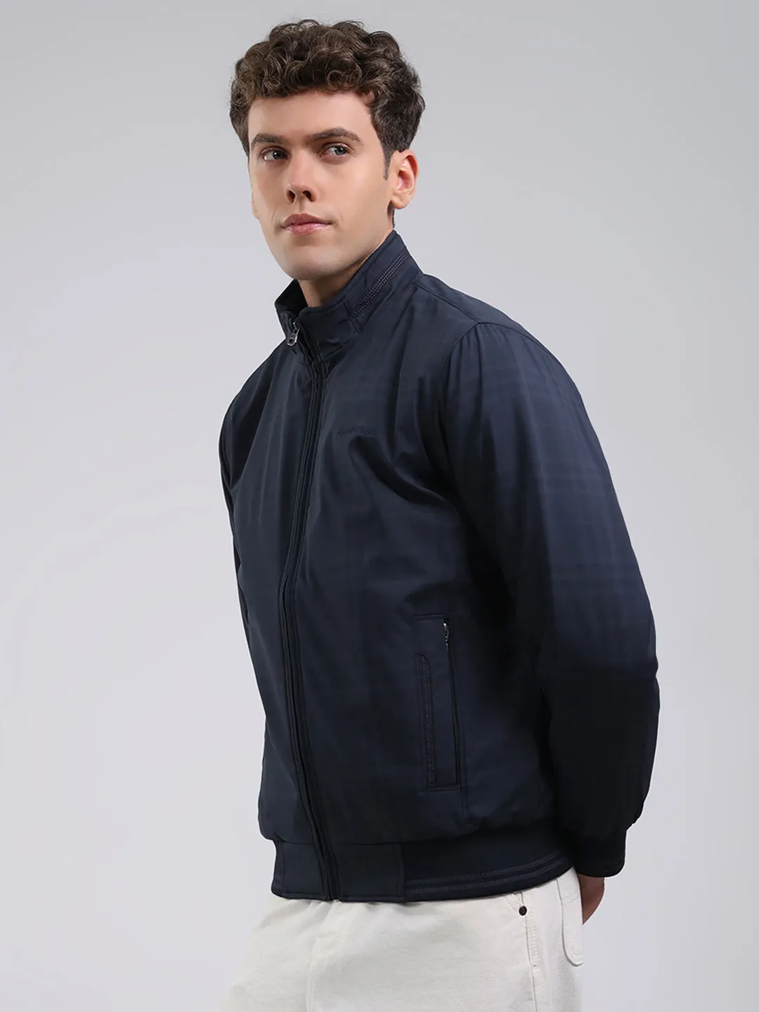 Men Navy Blue Solid Stand Collar Full Sleeve Jacket sold by Monte Carlo product image thumbnail 3