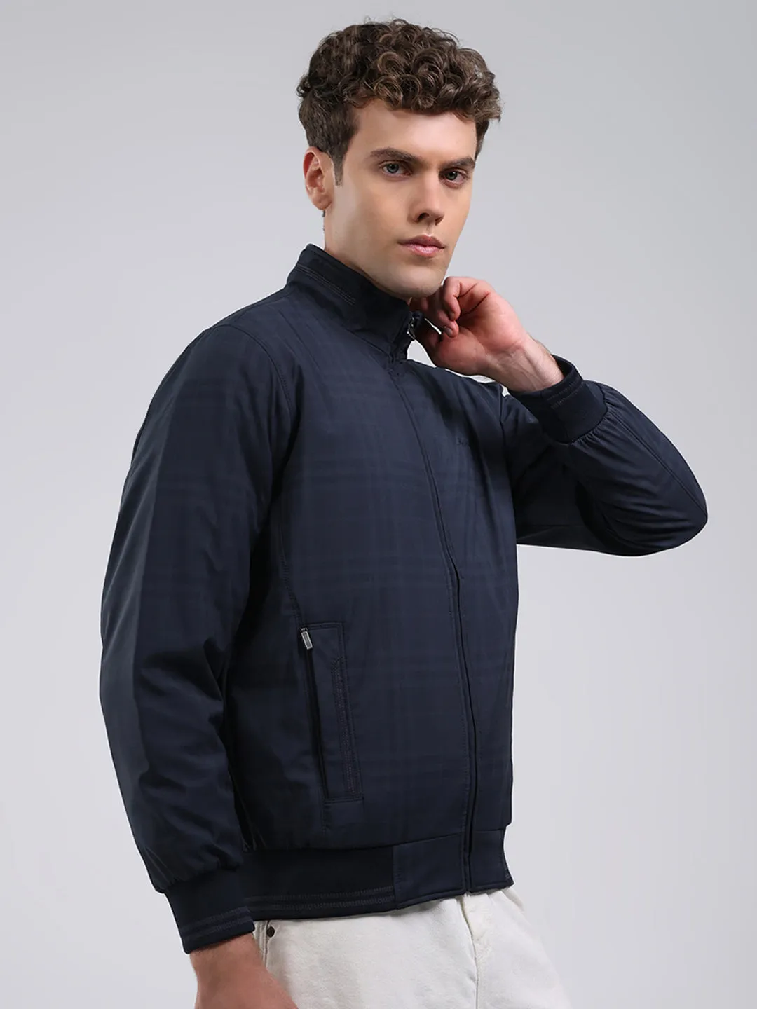 Men Navy Blue Solid Stand Collar Full Sleeve Jacket sold by Monte Carlo product image thumbnail 4