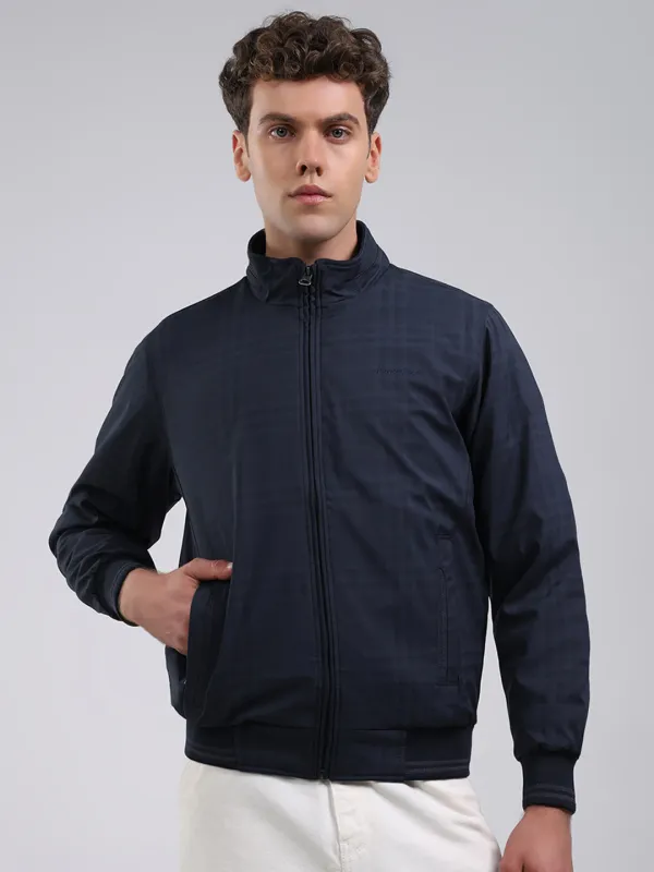 Men Navy Blue Solid Stand Collar Full Sleeve Jacket sold by Monte Carlo