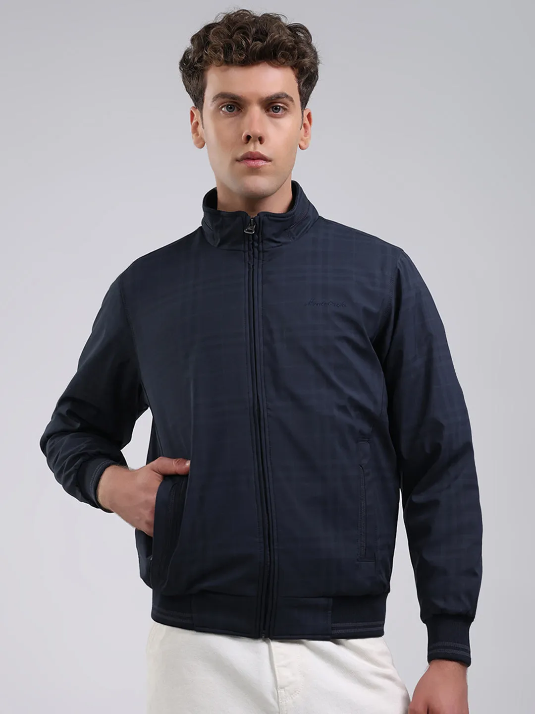 Men Navy Blue Solid Stand Collar Full Sleeve Jacket sold by Monte Carlo