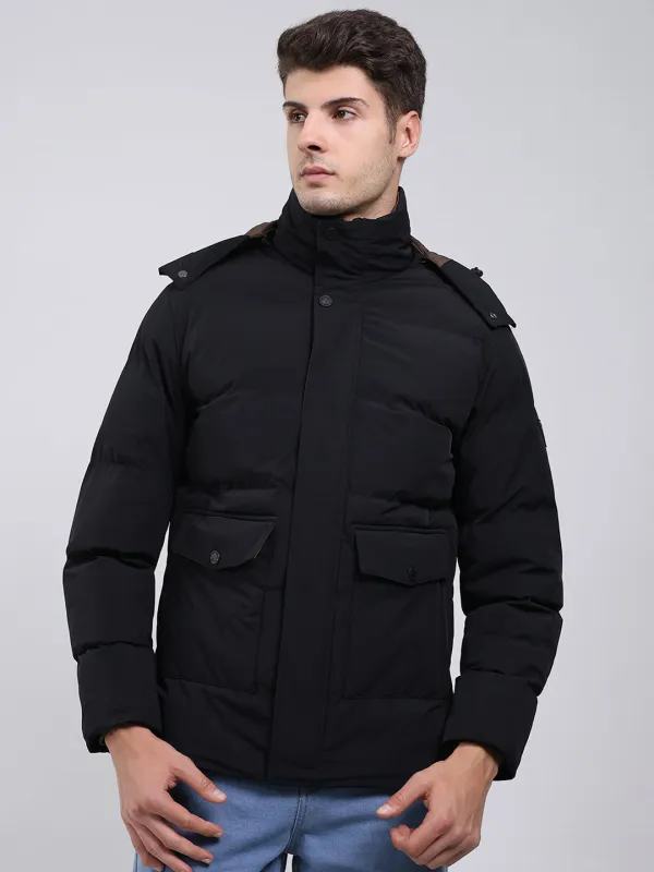 Men Black Solid Hooded Full Sleeve Jacket sold by Monte Carlo