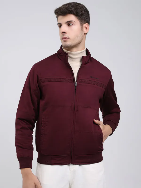 Men Burgundy Solid Mock Neck Full Sleeve Jacket sold by Monte Carlo