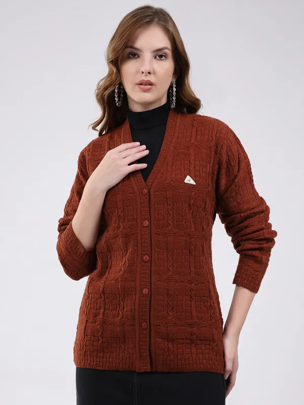 Women Brown Self Design V Neck Full Sleeve Cardigan sold by Monte Carlo