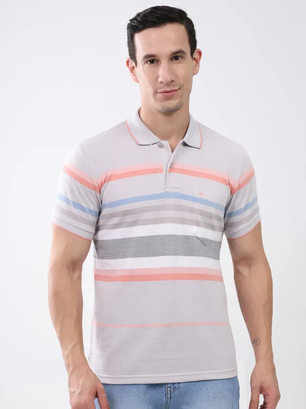 Men Grey Stripe Collar Half Sleeve T-Shirt made by Monte Carlo