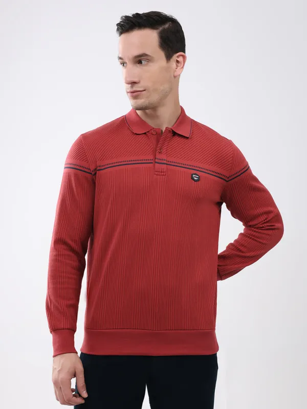 Men Red Self Design Collar Full Sleeve Winter T-Shirt made by Monte Carlo