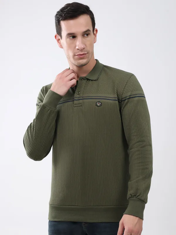 Men Olive Self Design Collar Full Sleeve Winter T-Shirt made by Monte Carlo