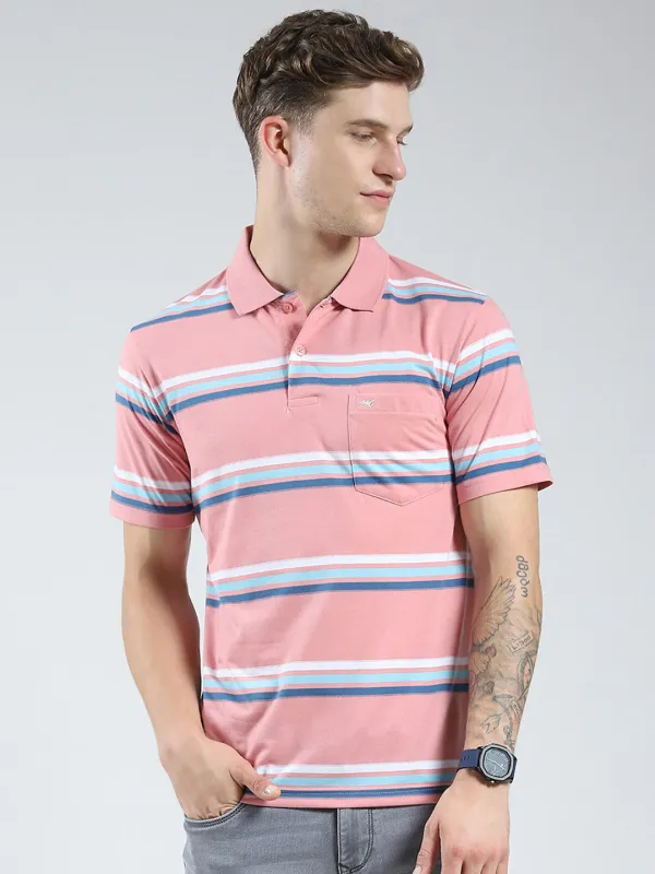 Men Pink Stripe Collar Half Sleeve T-Shirt made by Monte Carlo