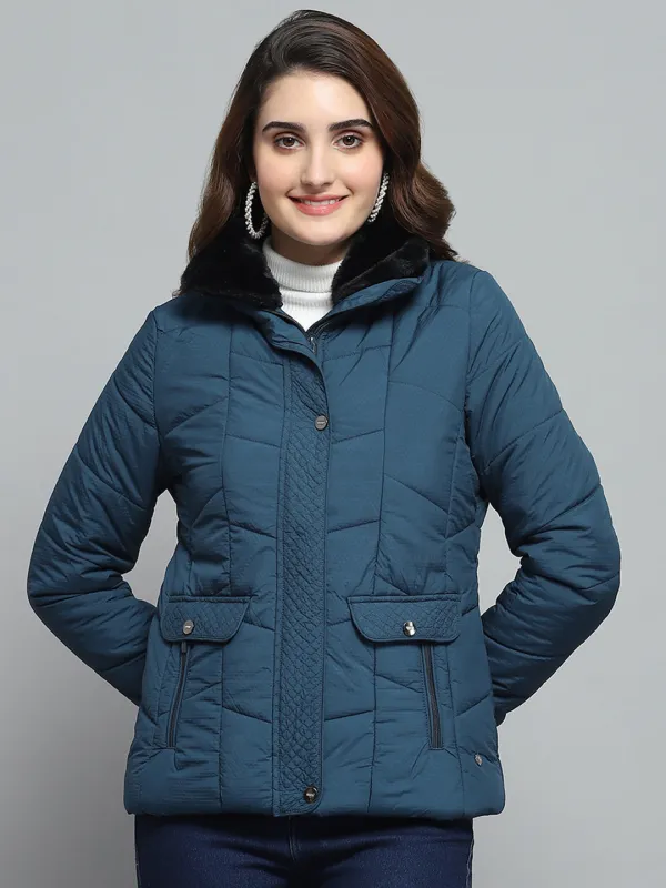 Women Teal Blue Self Design Collar Full Sleeve Jacket sold by Monte Carlo