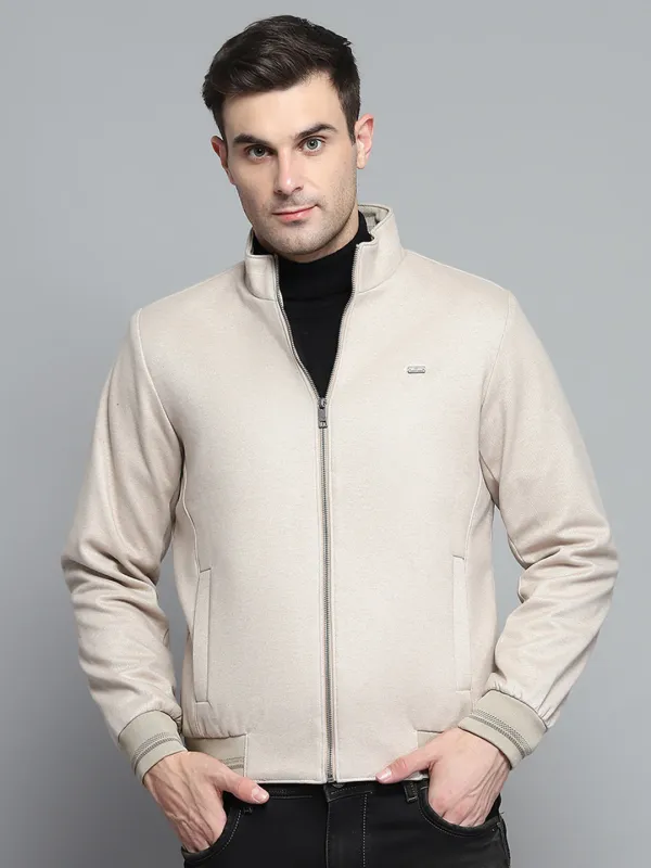Men Beige Solid Mock Neck Full Sleeve Jacket sold by Monte Carlo
