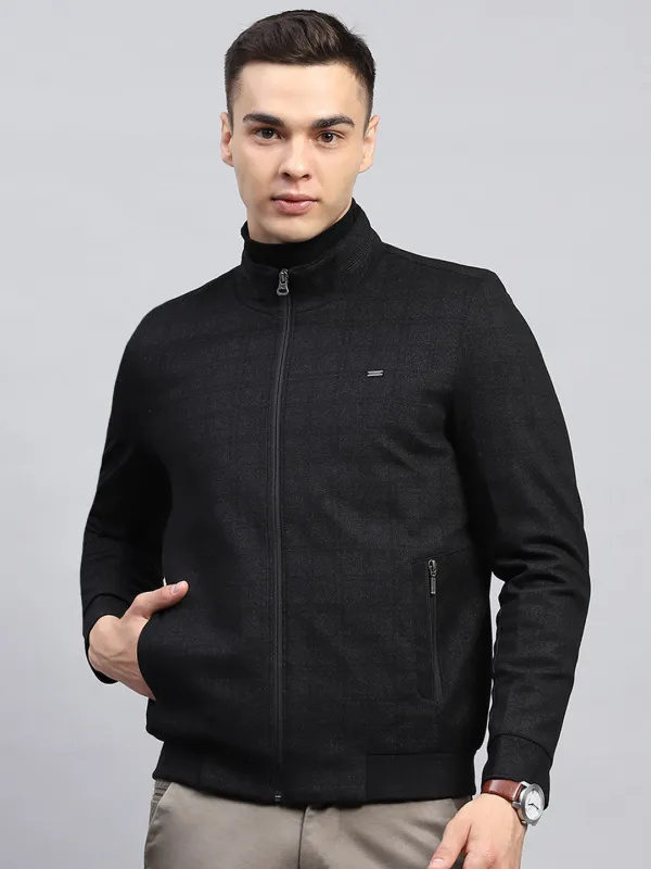 Men Black Self Design Mock Neck Full Sleeve Jacket sold by Monte Carlo