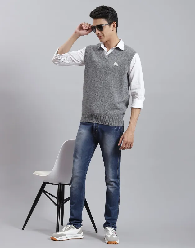 Men Grey Solid V Neck Sleeveless Sweater sold by Monte Carlo